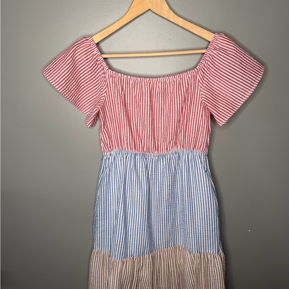 Urban Outfitters Off Shoulder Multi Seersucker Stripes Midi Dress - Picture 7 of 12
